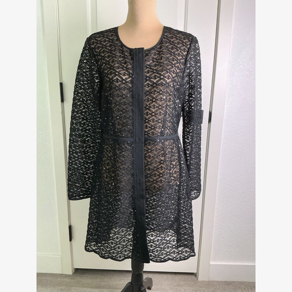 ZOZO Black Sequin Lace Longline Duster Jacket Women’s M Sheer Evening